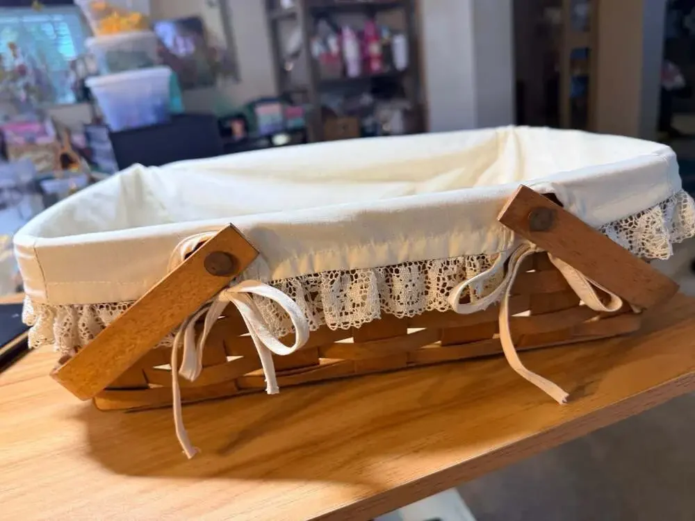 Vintage 1991 Longaberger Handled Basket with Lace-Trimmed Liner